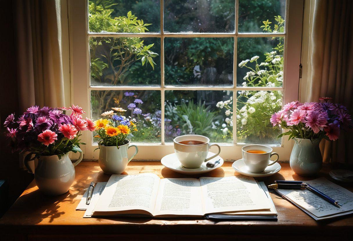 A cozy writing nook filled with colorful journals, scattered pens, and a steaming cup of tea. A window shows a garden blooming with flowers, symbolizing growth and new beginnings. Soft sunlight filters in, illuminating pages filled with sketches, notes, and dreams. A creative spirit is evoked through vibrant colors and an inviting atmosphere. warm tones. super-realistic.