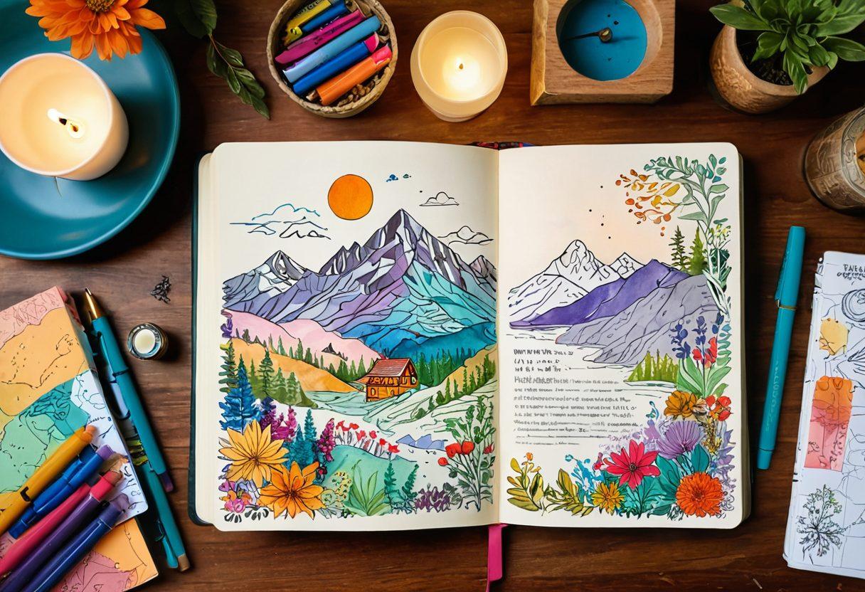 A whimsical journal open to a page filled with colorful doodles, sketches of mountains, and intricate maps, surrounded by various stationery like vibrant pens and watercolors. In the background, a cozy nook with a warm glow from a lamp, inviting creativity and exploration. Incorporate elements of nature like leaves and flowers intertwined with the journaling supplies. enchanting illustration style. vibrant colors. warm ambiance.