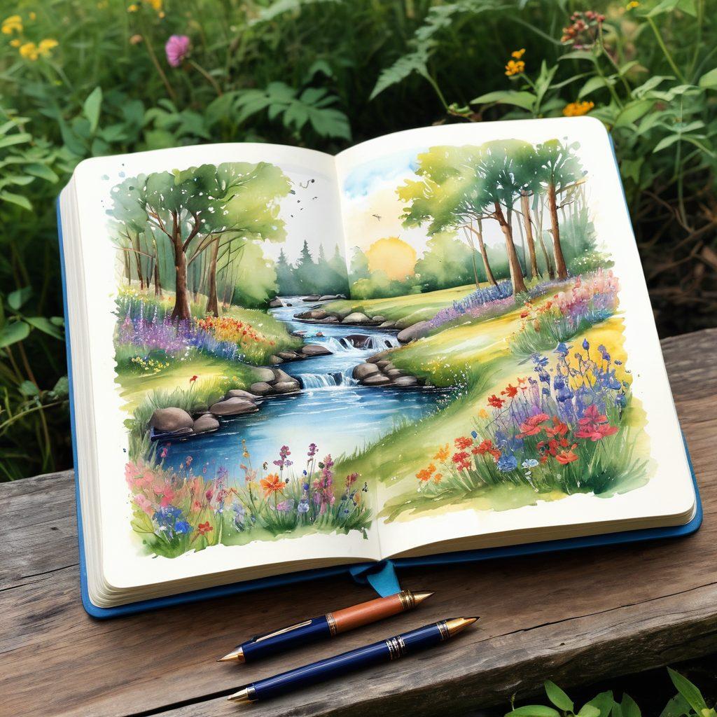 A whimsical open journal overflowing with colorful sketches, motivational quotes, and vibrant watercolor splashes, surrounded by nature's beauty – wildflowers and a gentle stream. A vintage pen lies beside it, hinting at adventure and self-discovery. Sunlight filters through the trees, creating a magical atmosphere of inspiration and exploration. super-realistic. vibrant colors. soft focus.